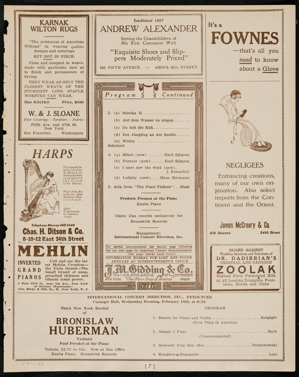 Claire Dux, Soprano, February 5, 1922, program page 7