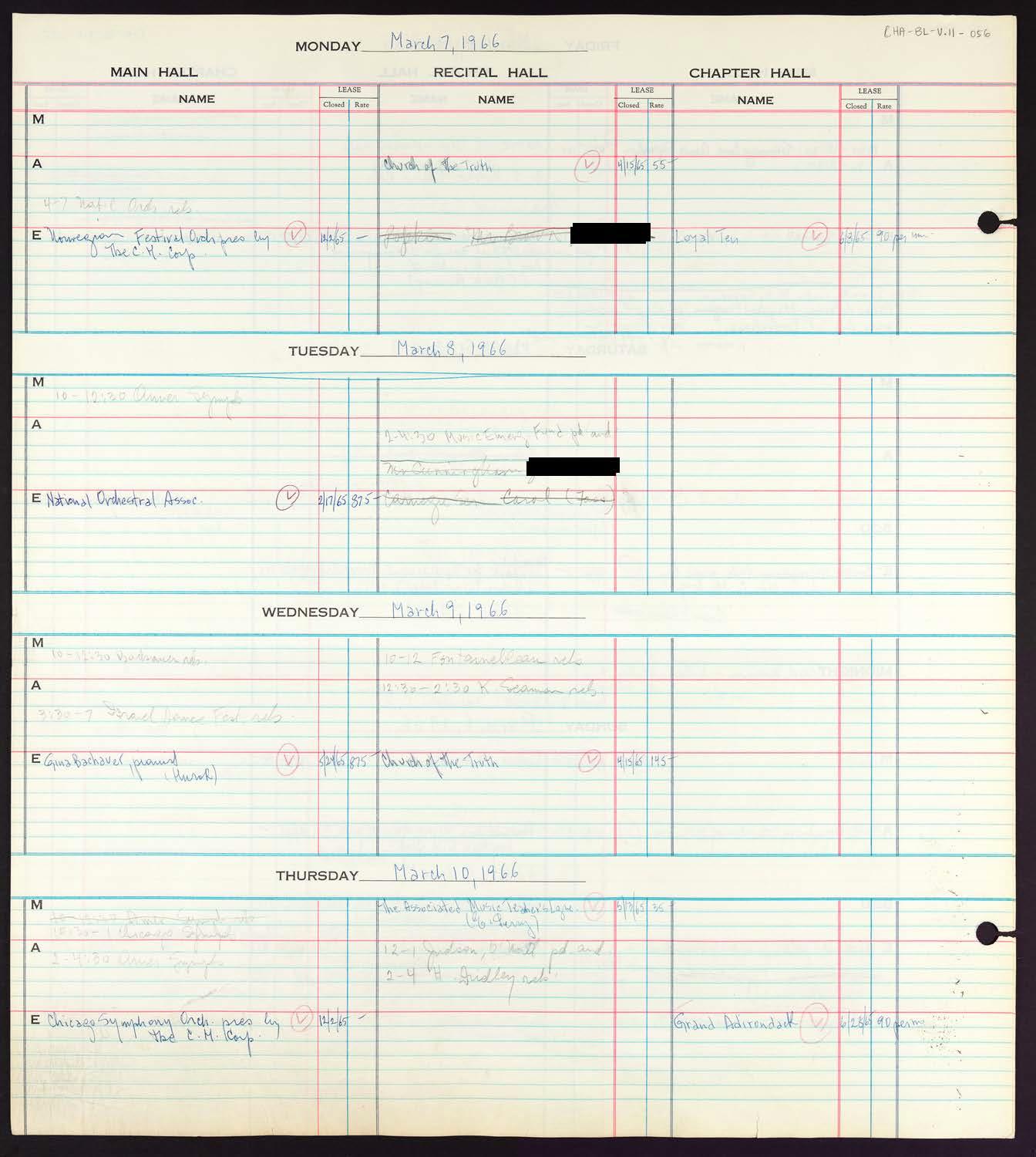 Carnegie Hall Booking Ledger, volume 11, page 56