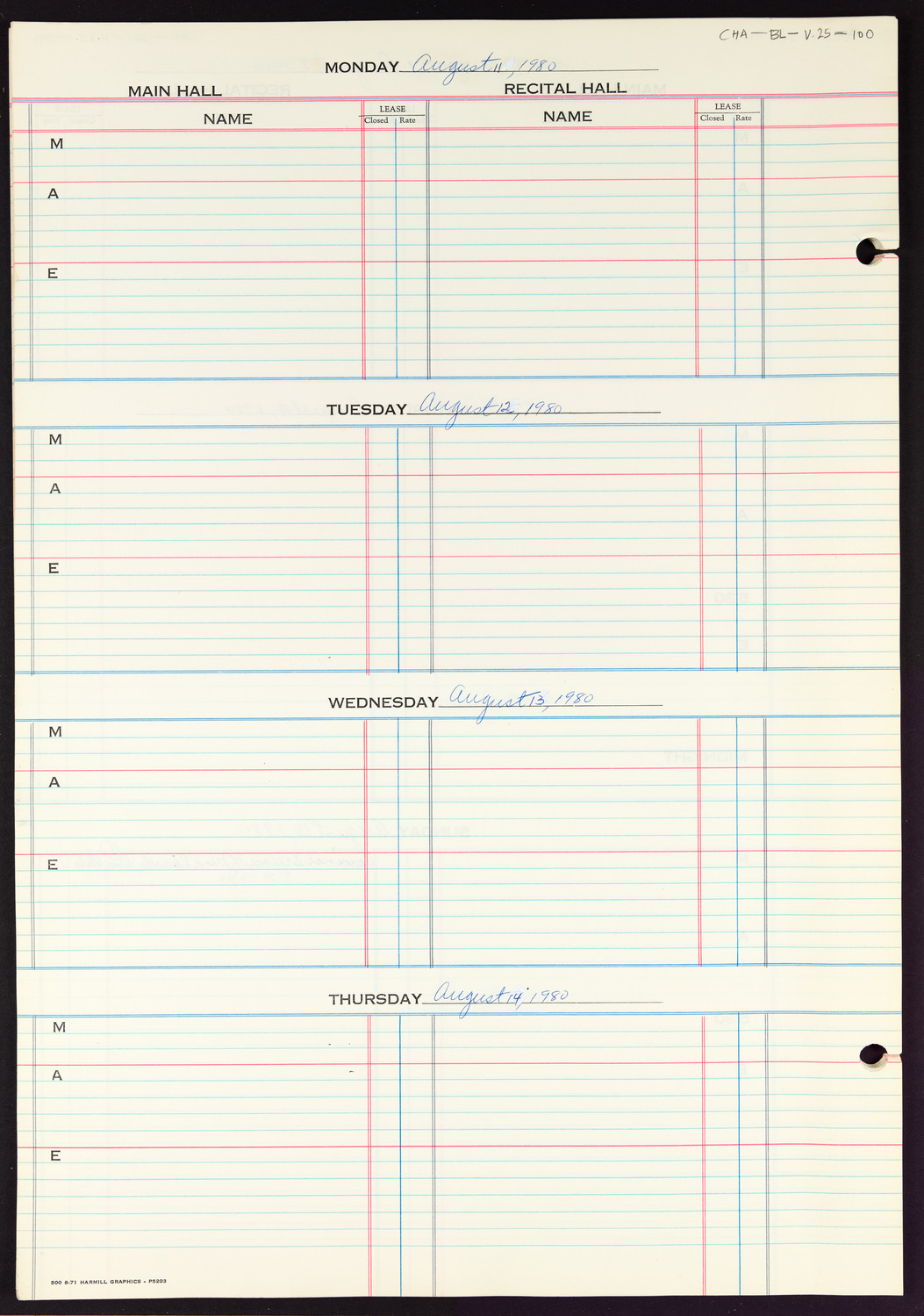 Carnegie Hall Booking Ledger, volume 25, page 100