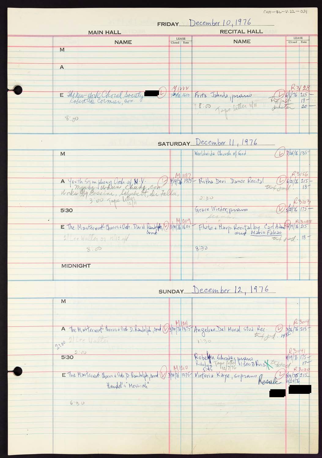 Carnegie Hall Booking Ledger, volume 22, page 31