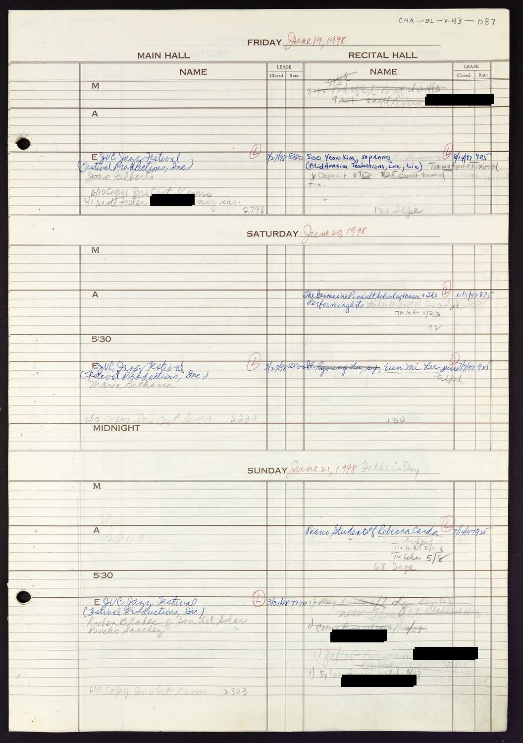 Carnegie Hall Booking Ledger, volume 43, page 87