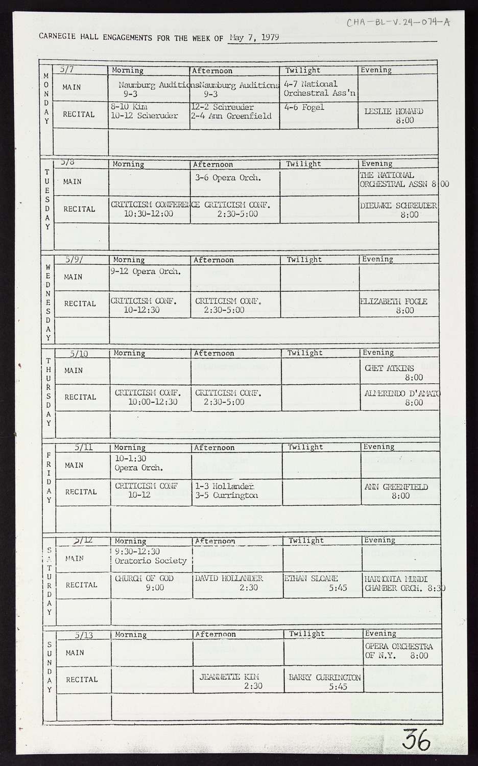 Carnegie Hall Booking Ledger, volume 24, page 74a