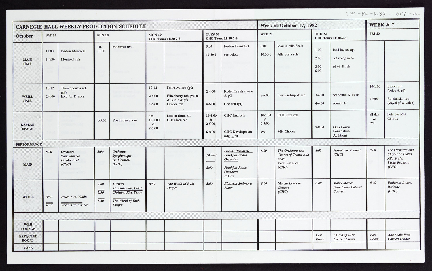 Carnegie Hall Booking Ledger, volume 38, page 17a