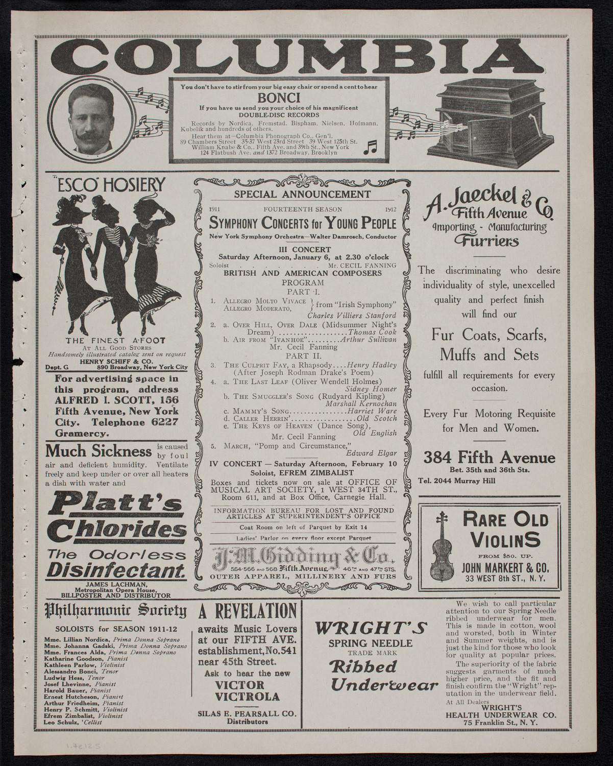 New York Philharmonic, January 4, 1912, program page 9