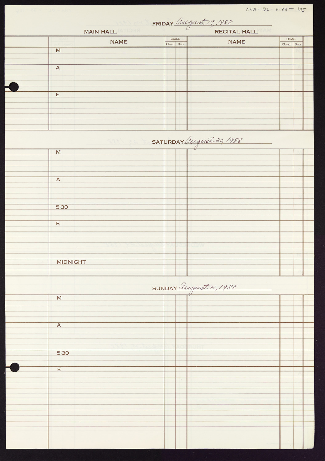 Carnegie Hall Booking Ledger, volume 33, page 105