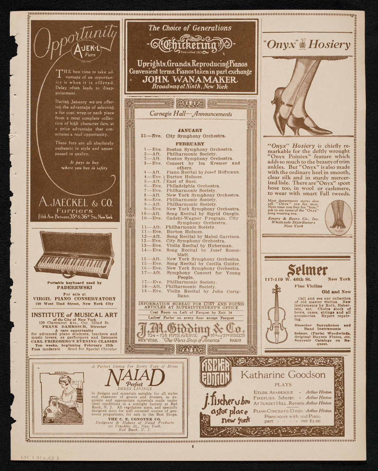 Society of the Friends of Music, January 31, 1923, program page 3