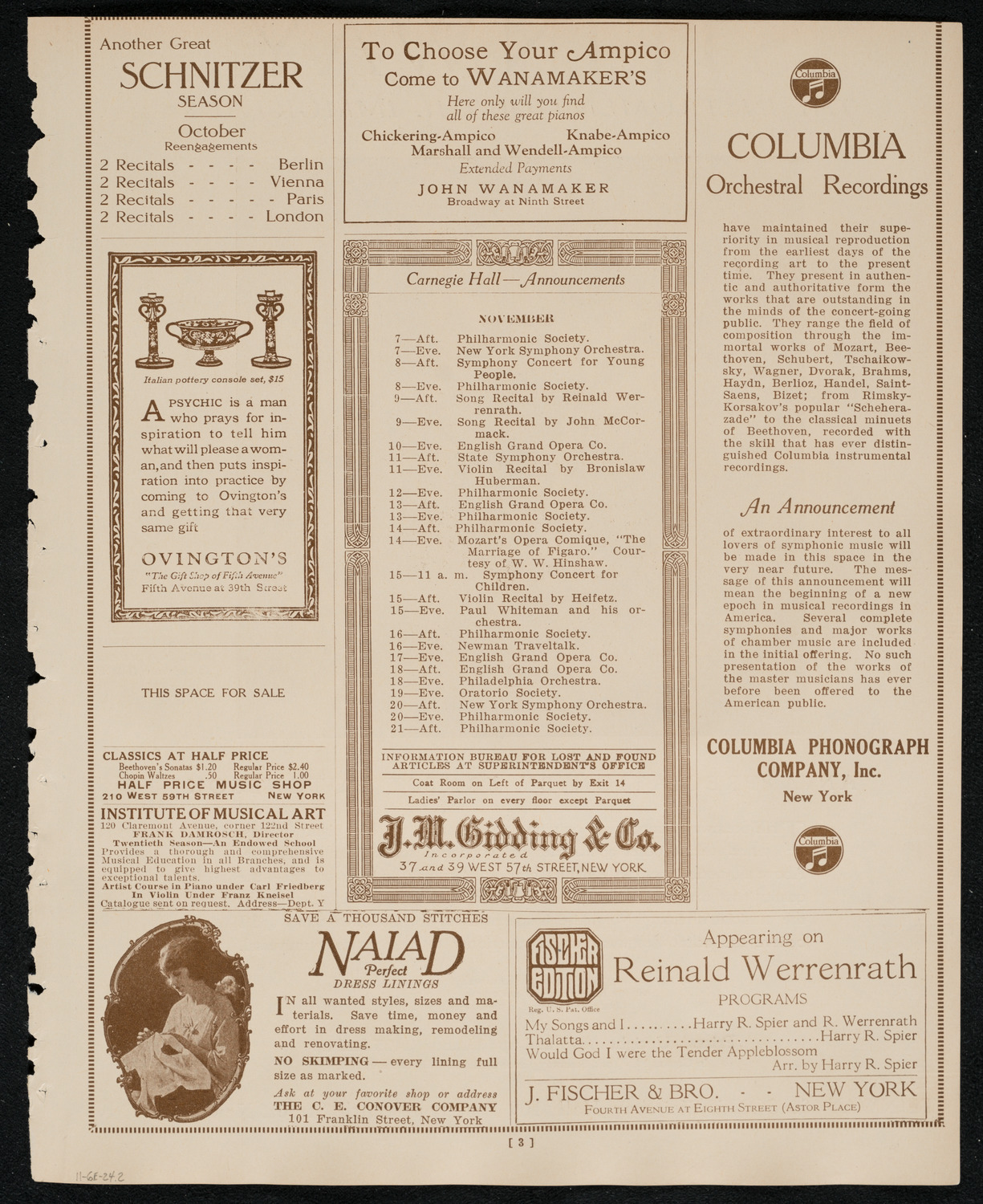 New York Philharmonic, November 6, 1924, program page 3