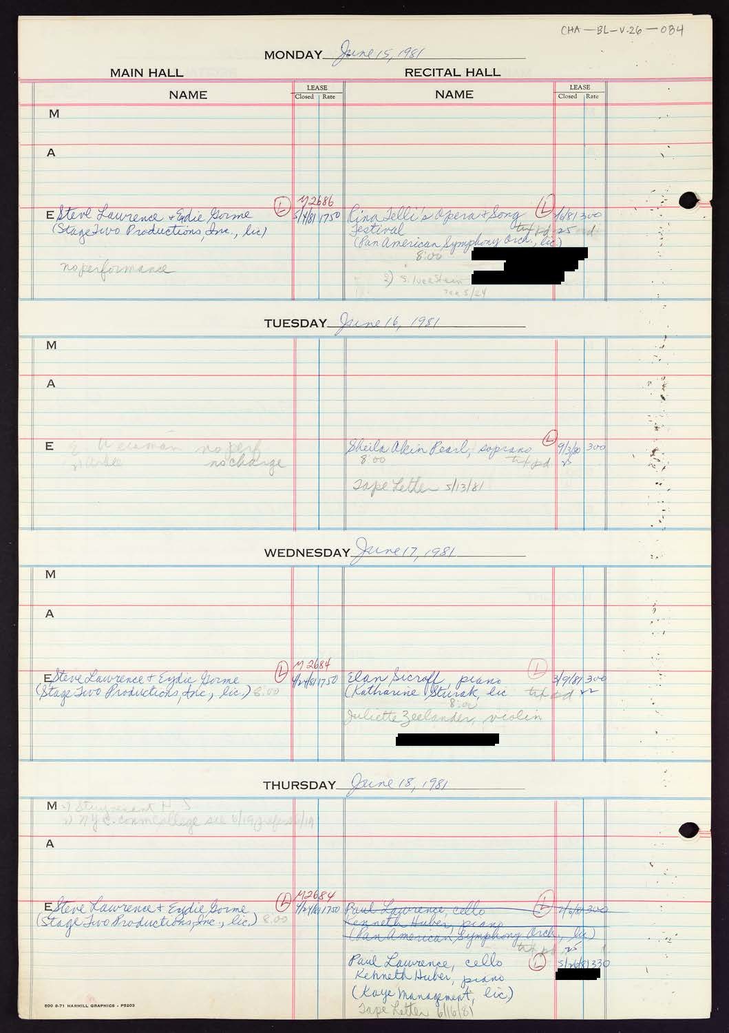 Carnegie Hall Booking Ledger, volume 26, page 84