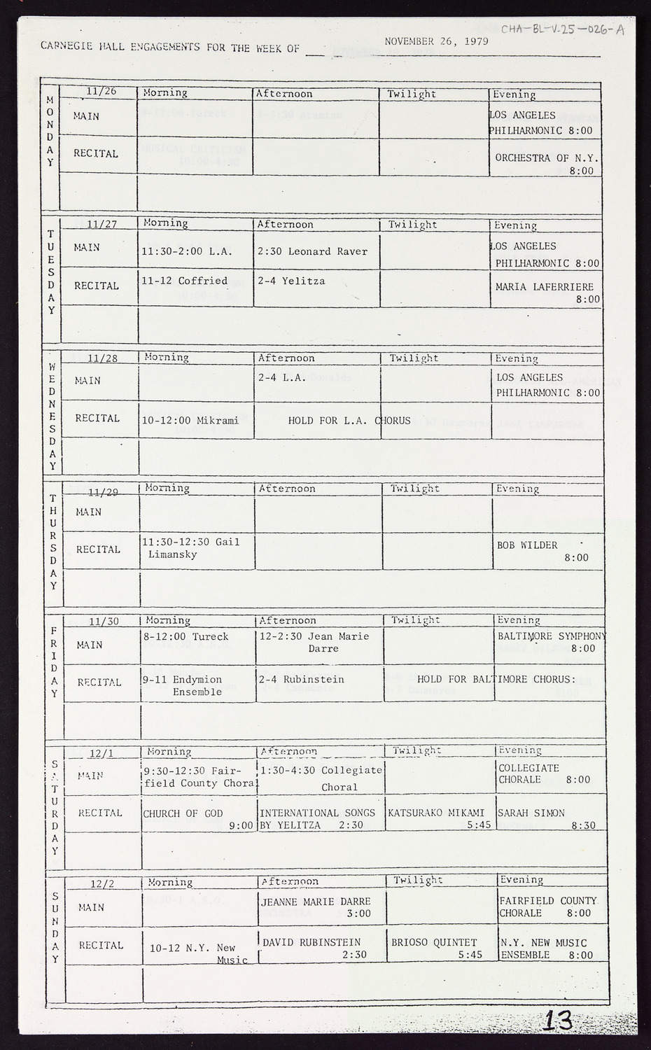 Carnegie Hall Booking Ledger, volume 25, page 26a