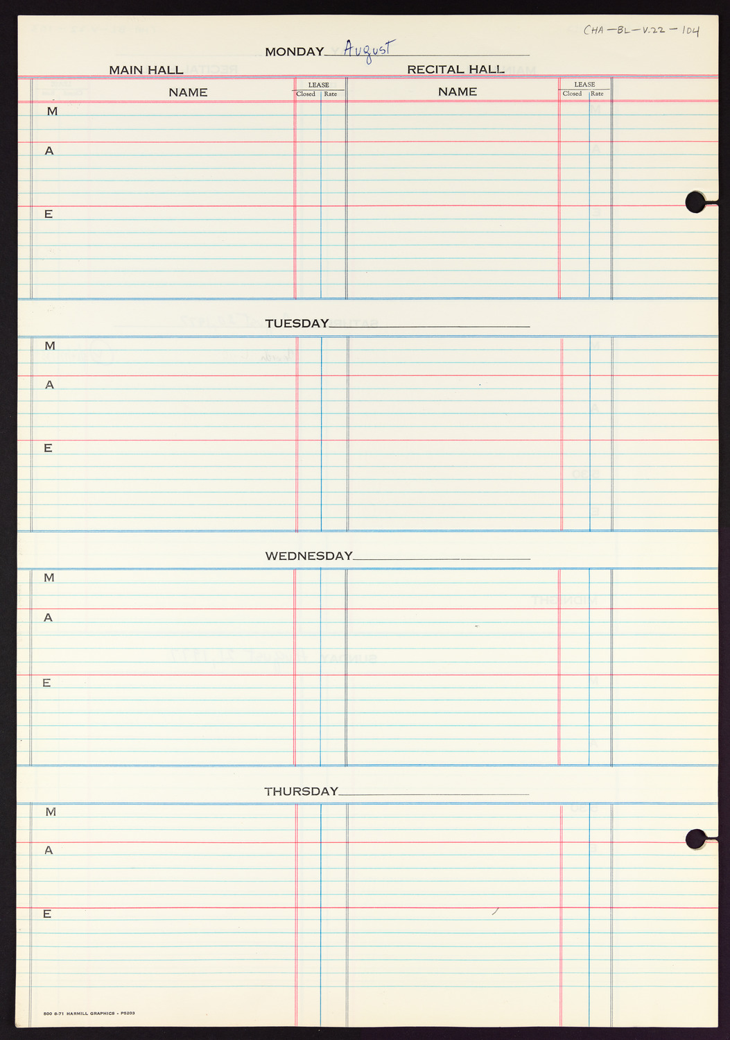 Carnegie Hall Booking Ledger, volume 22, page 104