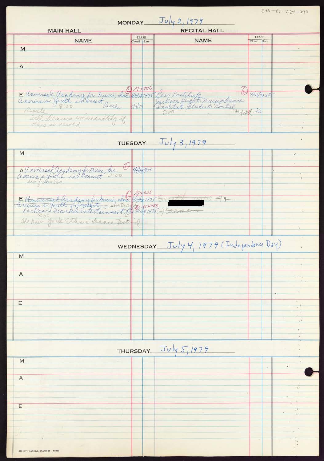 Carnegie Hall Booking Ledger, volume 24, page 90