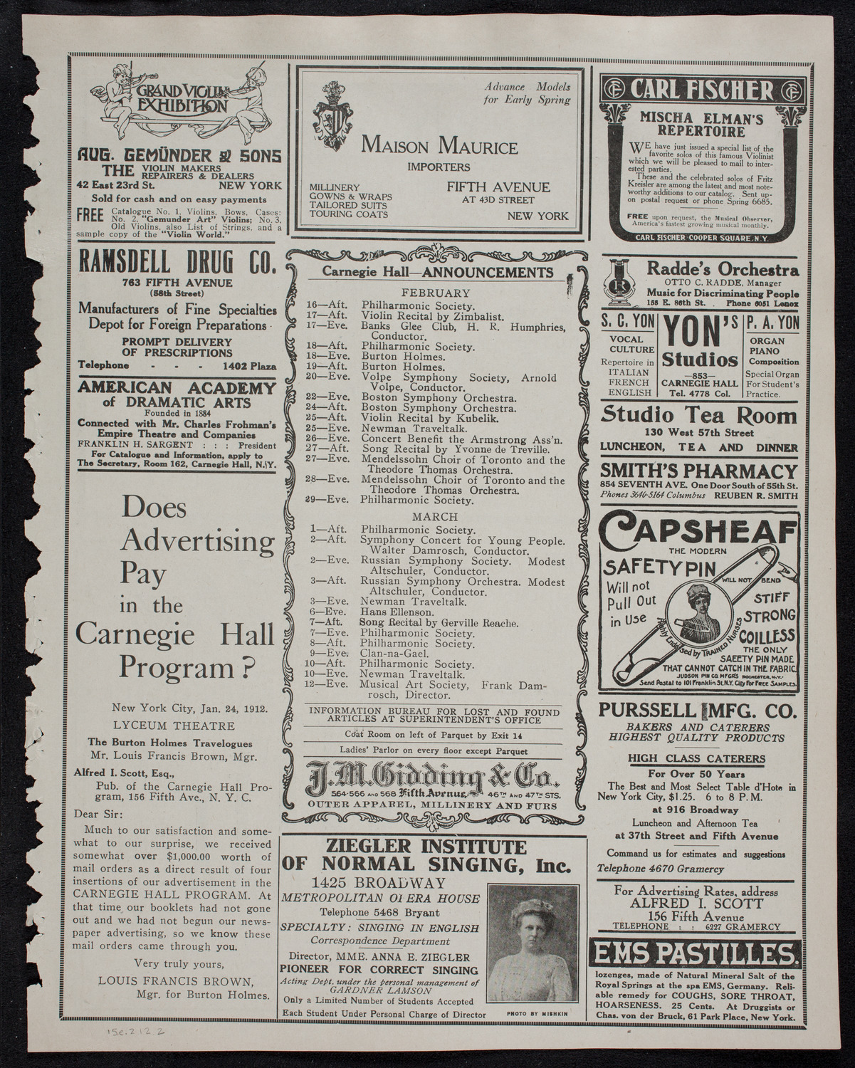 New York Philharmonic, February 15, 1912, program page 3