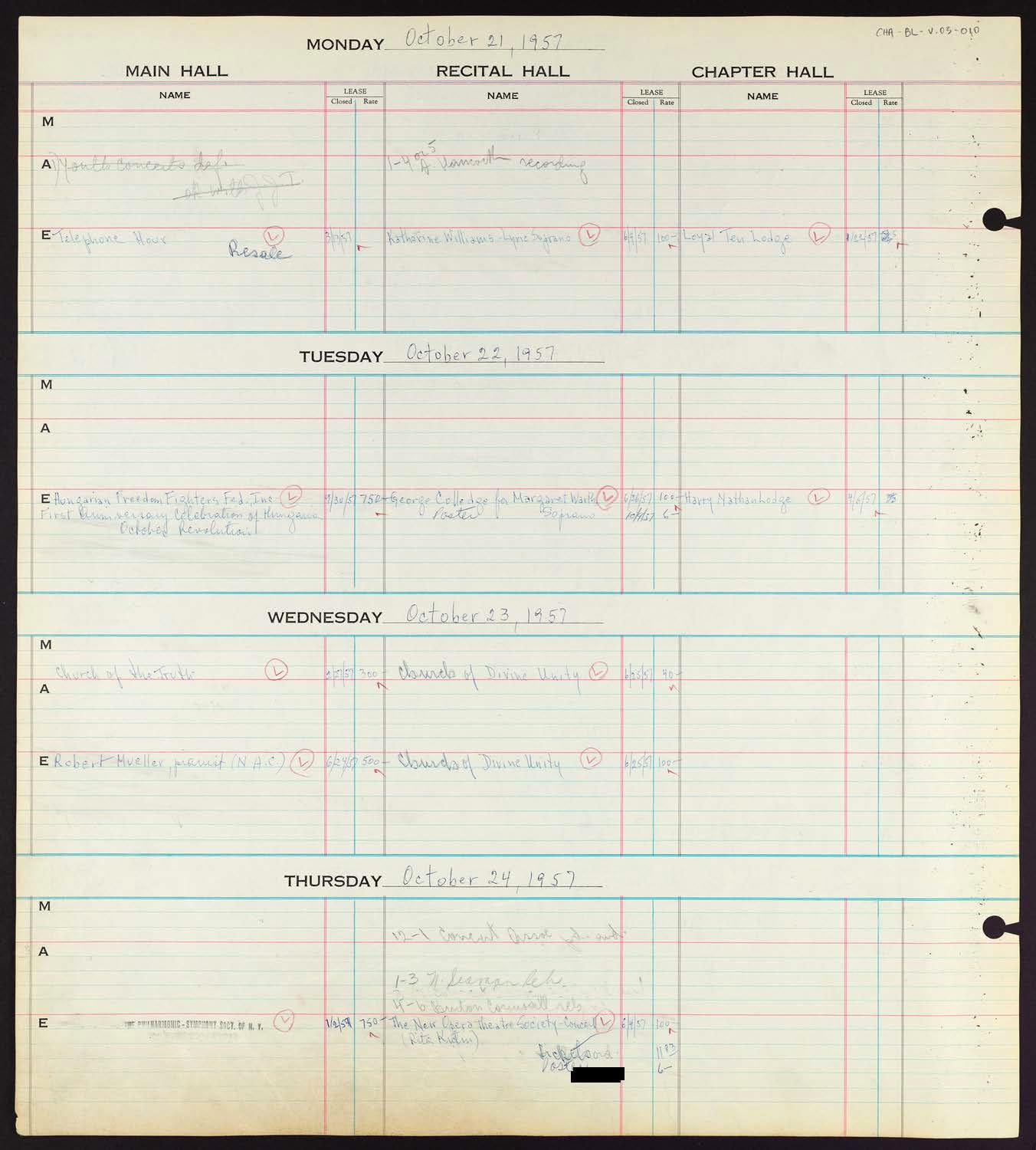 Carnegie Hall Booking Ledger, volume 3, page 10