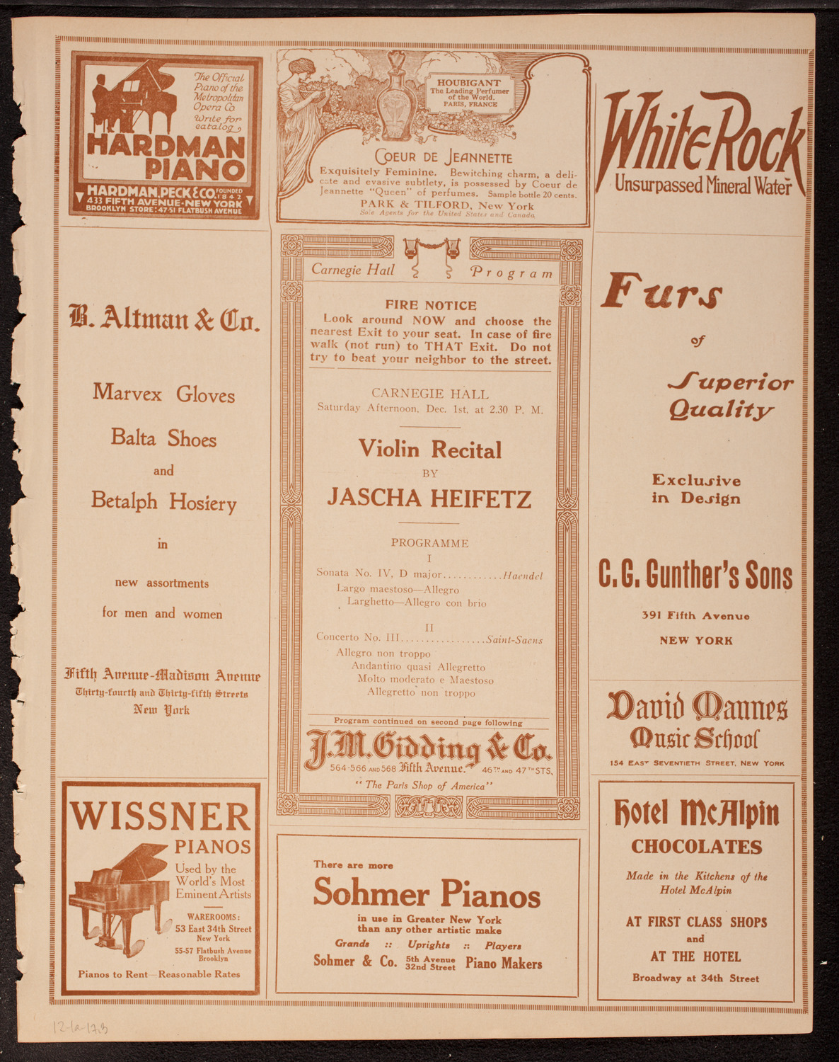 Jascha Heifetz, Violin, December 1, 1917, program page 5