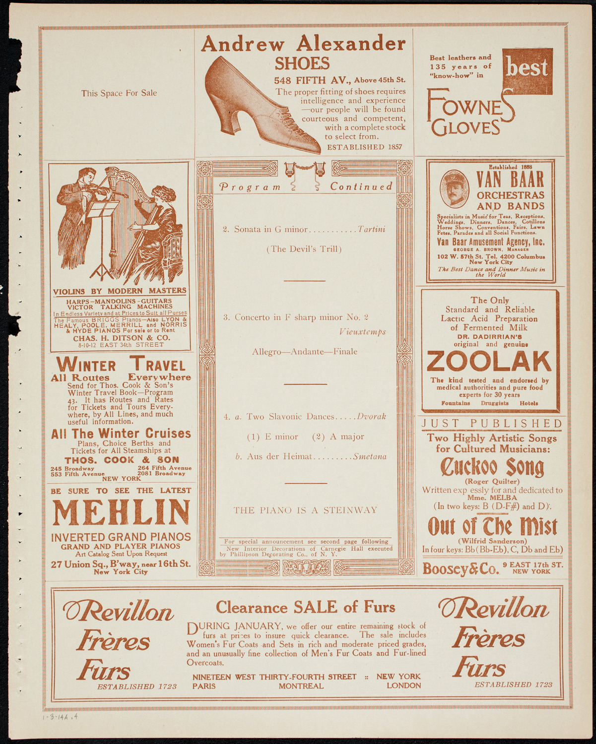 Fritz Kreisler, Violin, January 3, 1914, program page 7