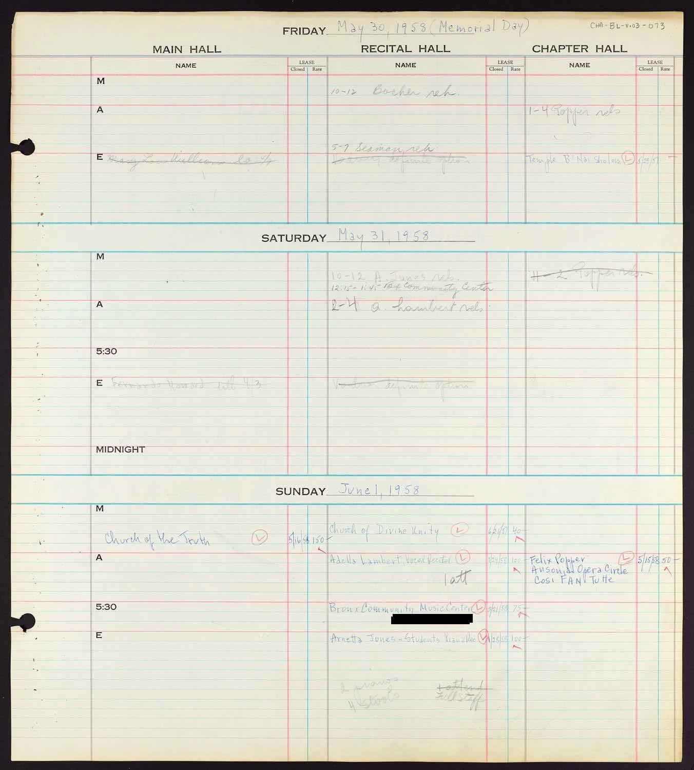 Carnegie Hall Booking Ledger, volume 3, page 73