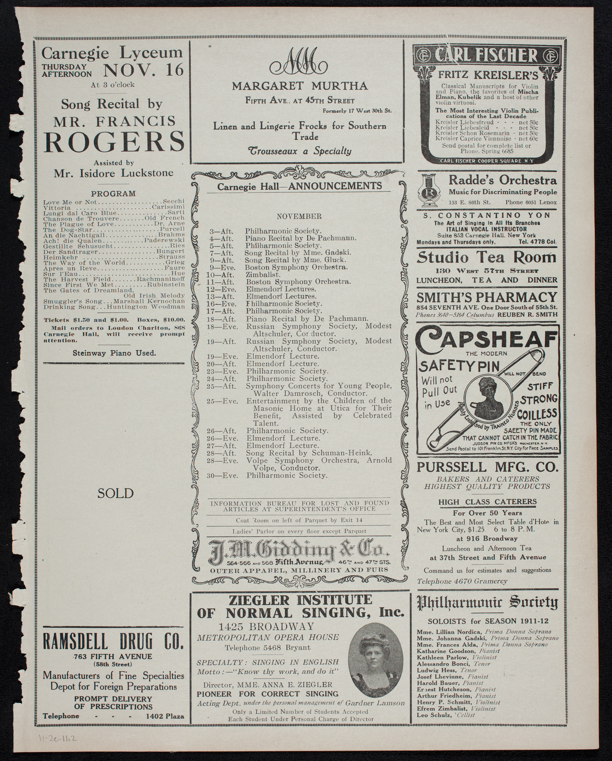 New York Philharmonic, November 2, 1911, program page 3