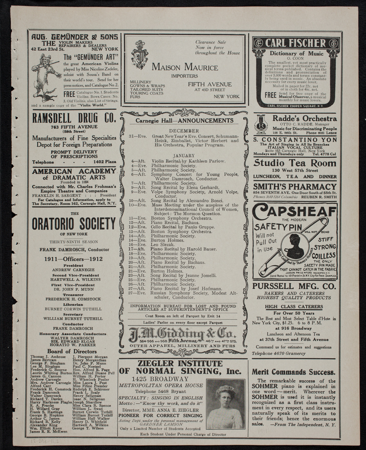 Oratorio Society of New York, December 29, 1911, program page 3