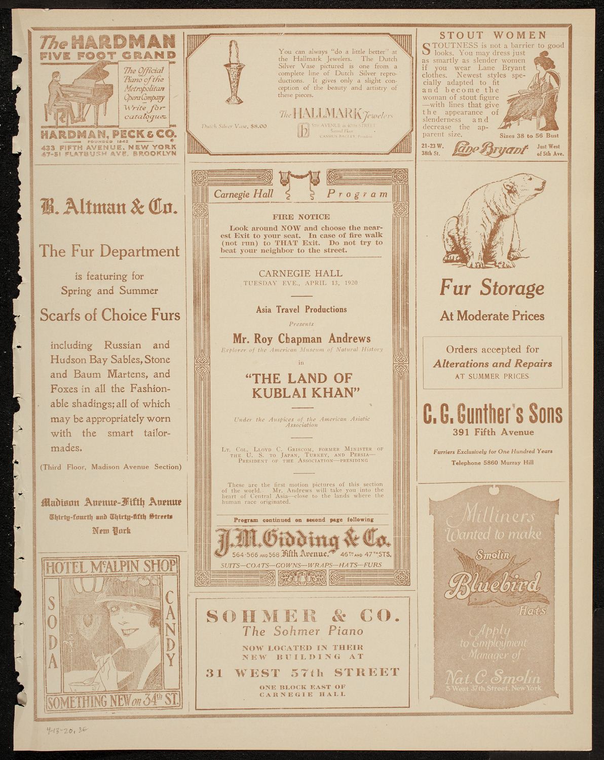 Lecture by Roy Chapman Andrews, April 13, 1920, program page 5