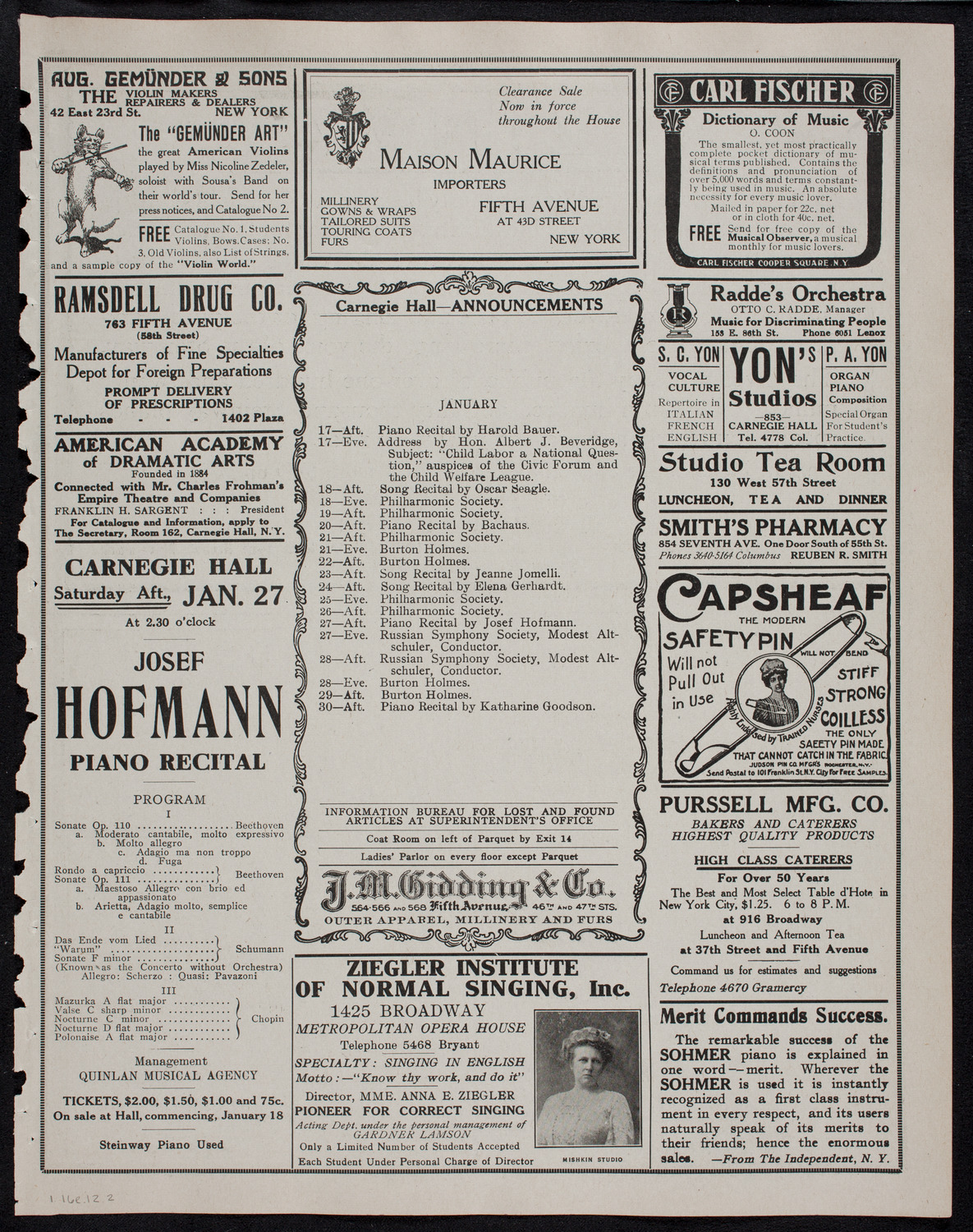 Leo Slezak, Tenor, January 16, 1912, program page 3