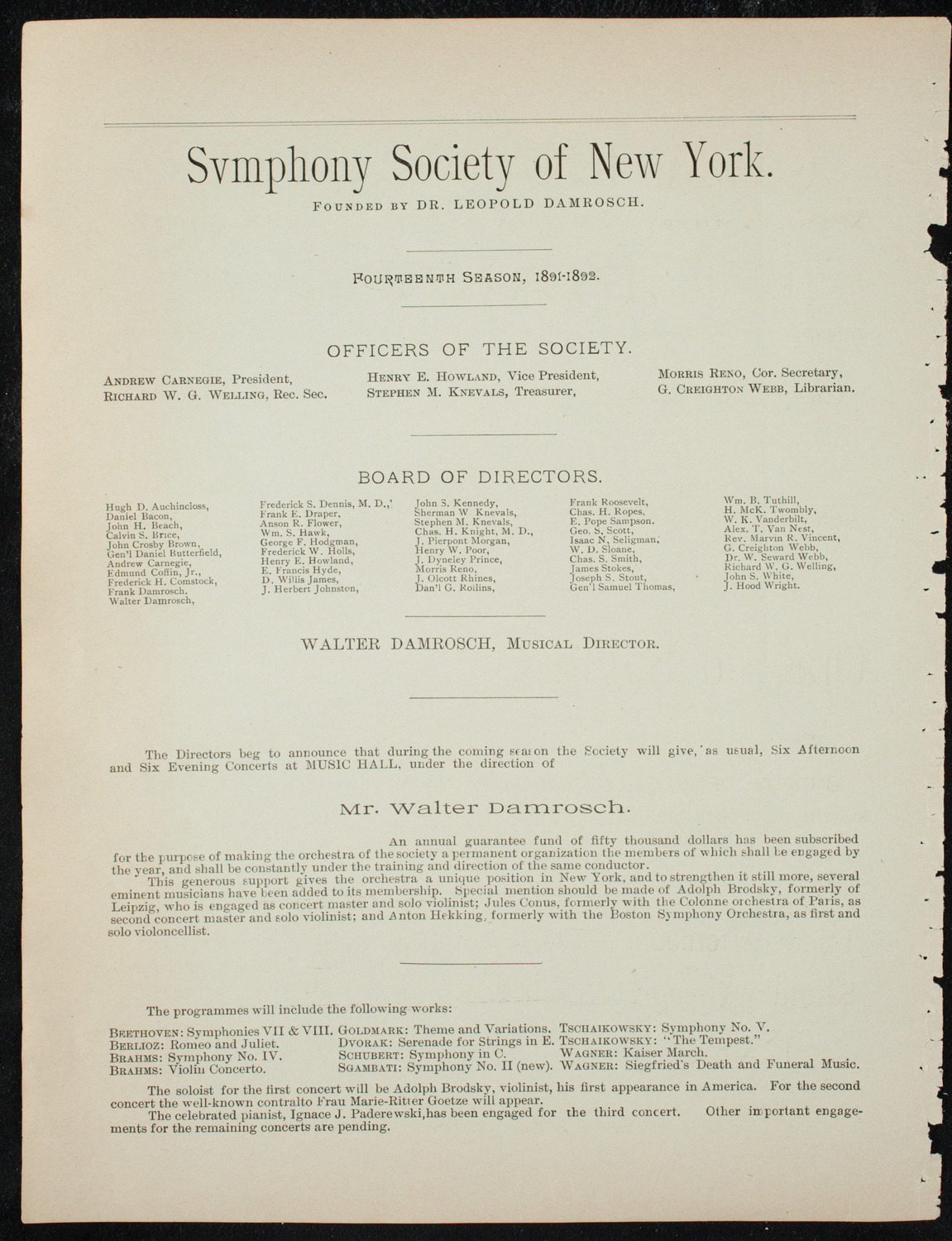Damrosch Sunday Concert, November 22, 1891, program page 2