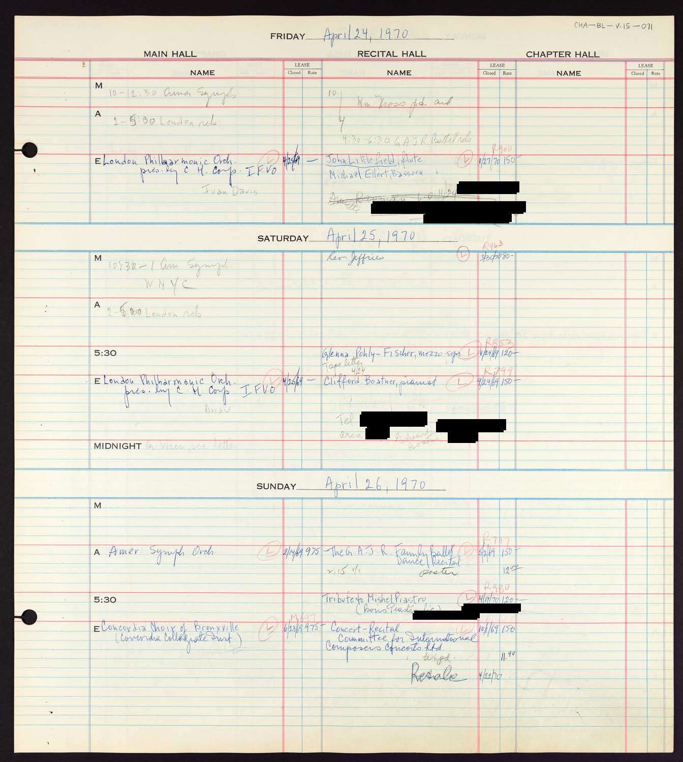 Carnegie Hall Booking Ledger, volume 15, page 71