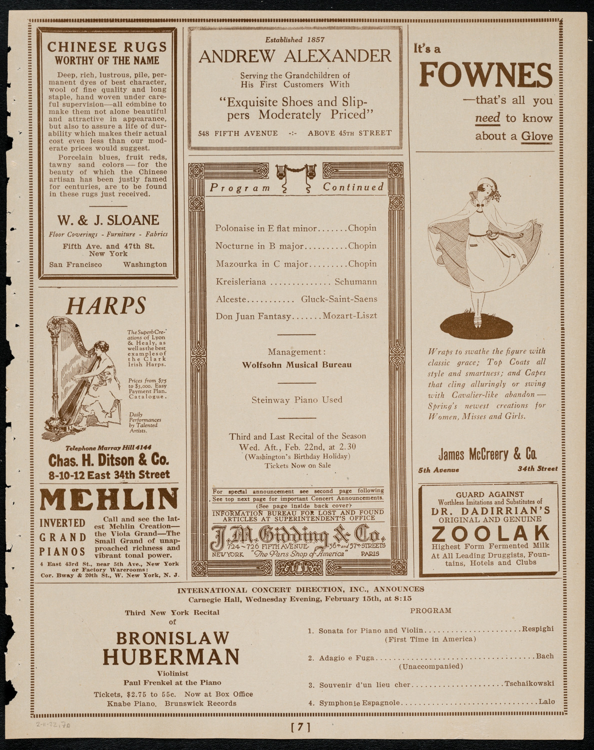 Josef Hofmann, Piano, February 11, 1922, program page 7