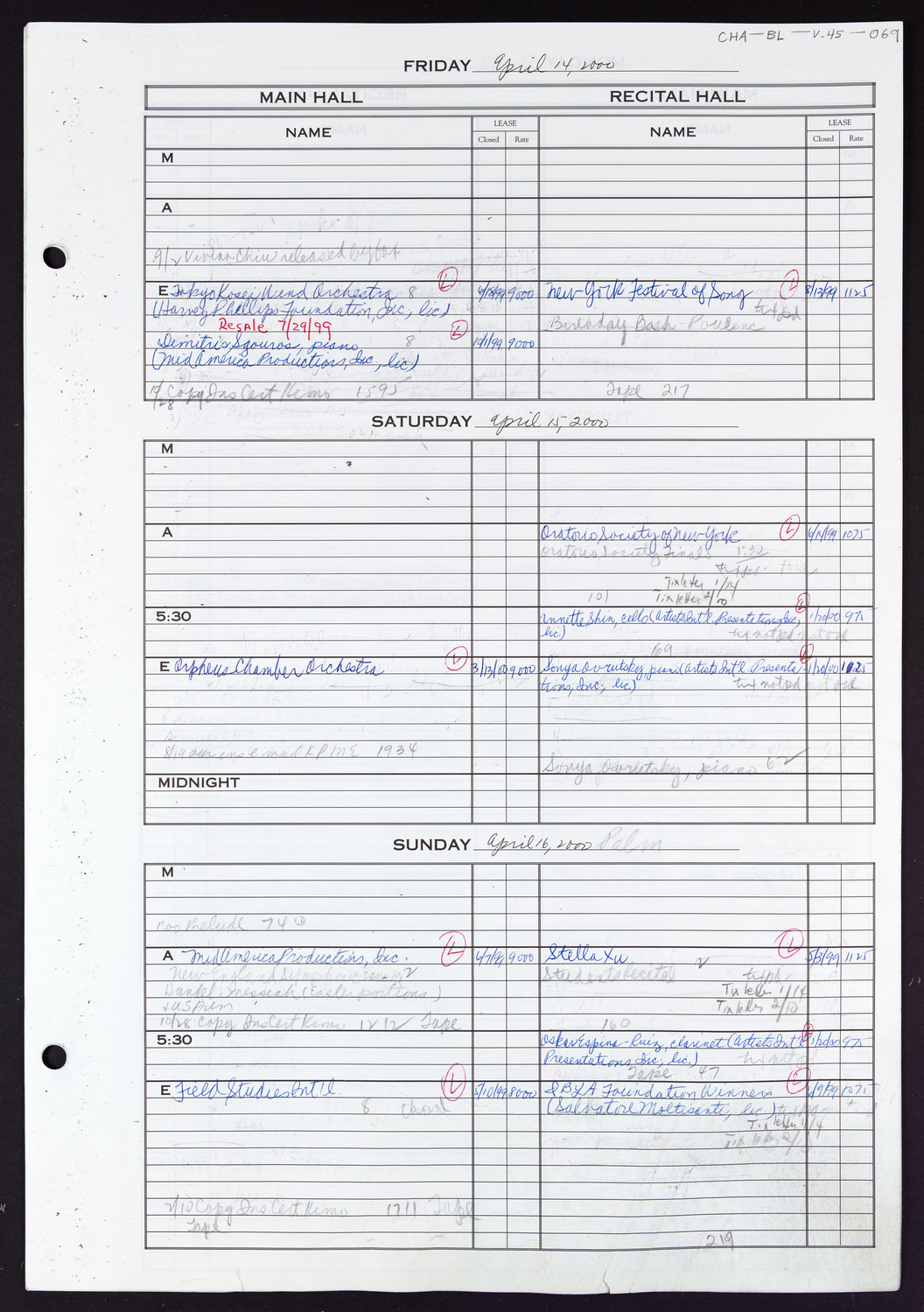 Carnegie Hall Booking Ledger, volume 45, page 69