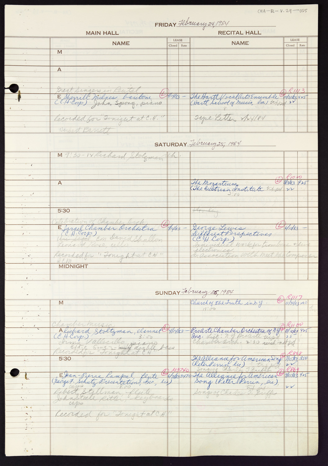 Carnegie Hall Booking Ledger, volume 29, page 55