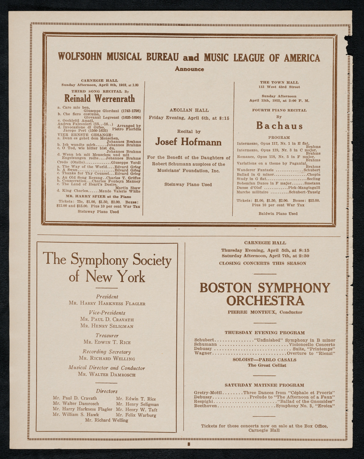 Fritz Kreisler, Violin, April 1, 1923, program page 8