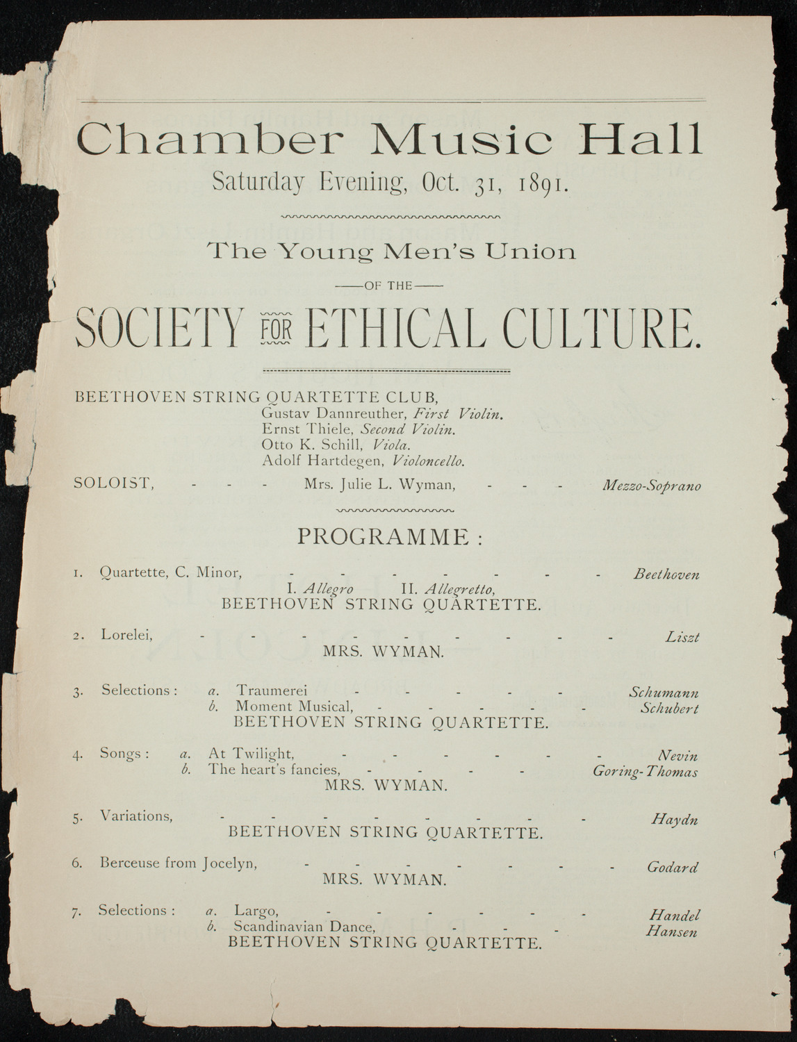 Society for Ethical Culture Program, October 31, 1891, program page 6