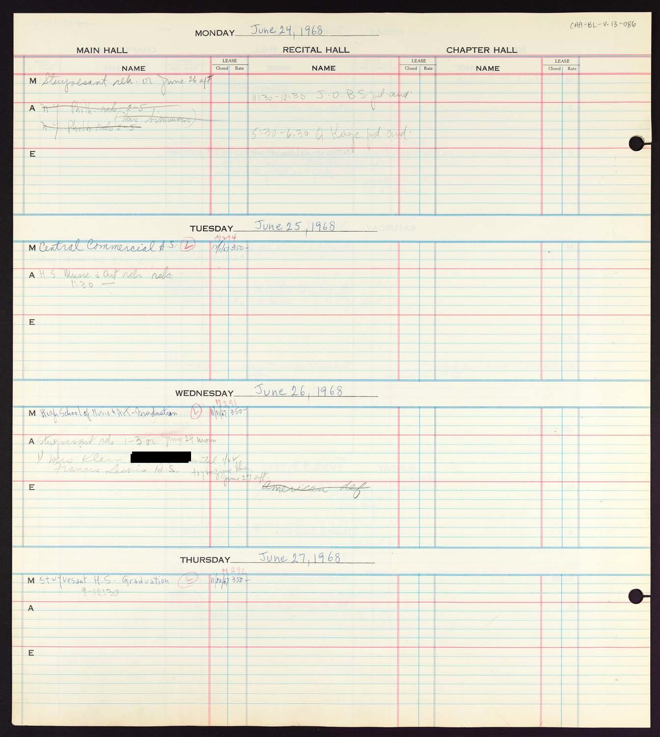 Carnegie Hall Booking Ledger, volume 13, page 86