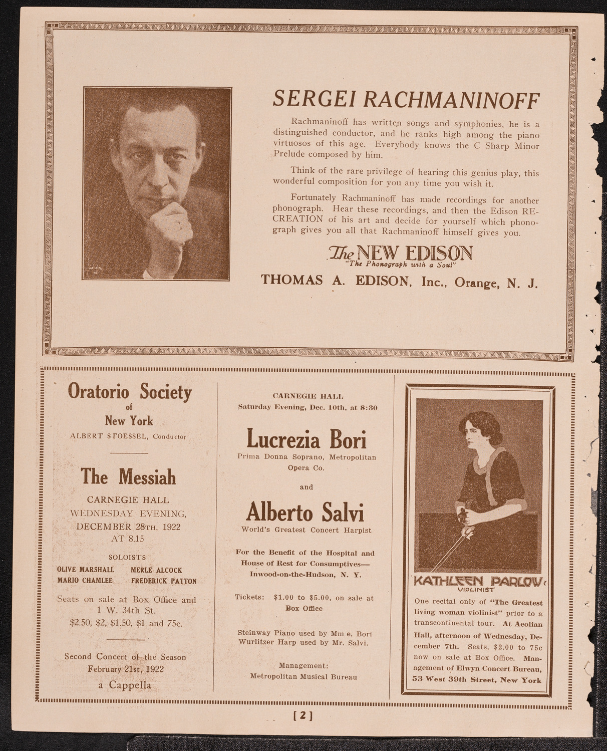 Sergei Rachmaninoff, Piano, December 4, 1921, program page 2