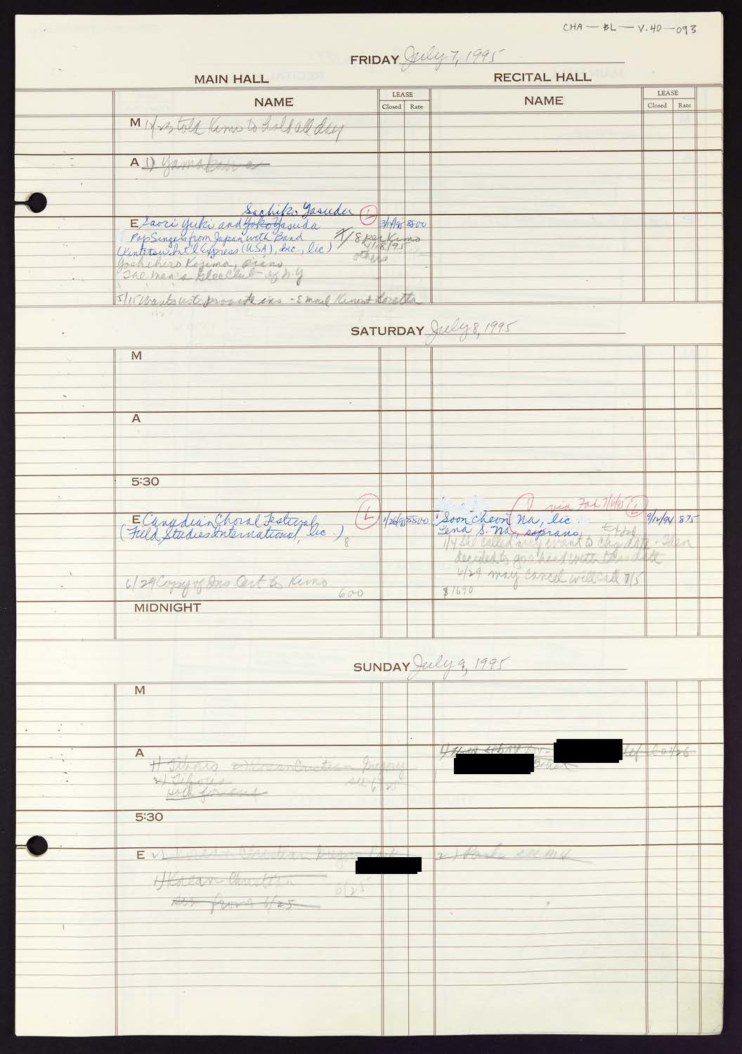 Carnegie Hall Booking Ledger, volume 40, page 93