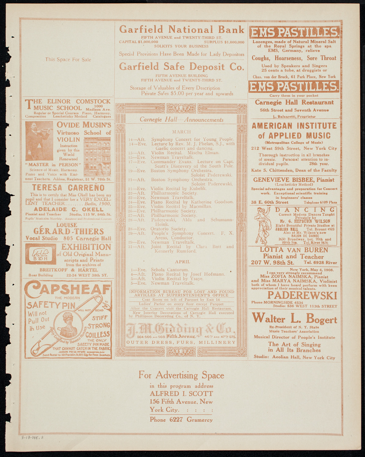 Eugène Ysaÿe, Violin, March 13, 1914, program page 3