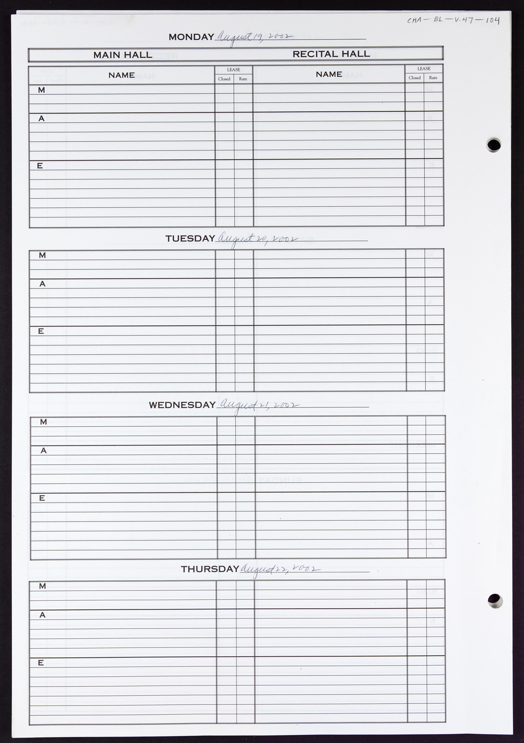 Carnegie Hall Booking Ledger, volume 47, page 104