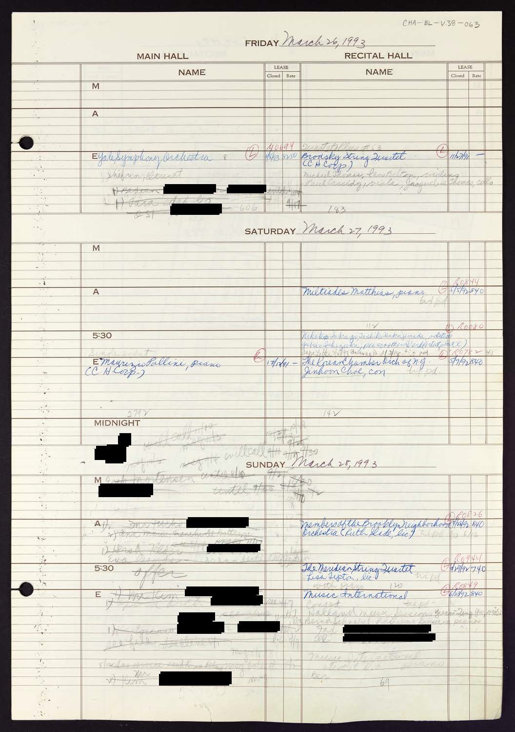 Carnegie Hall Booking Ledger, volume 38, page 63