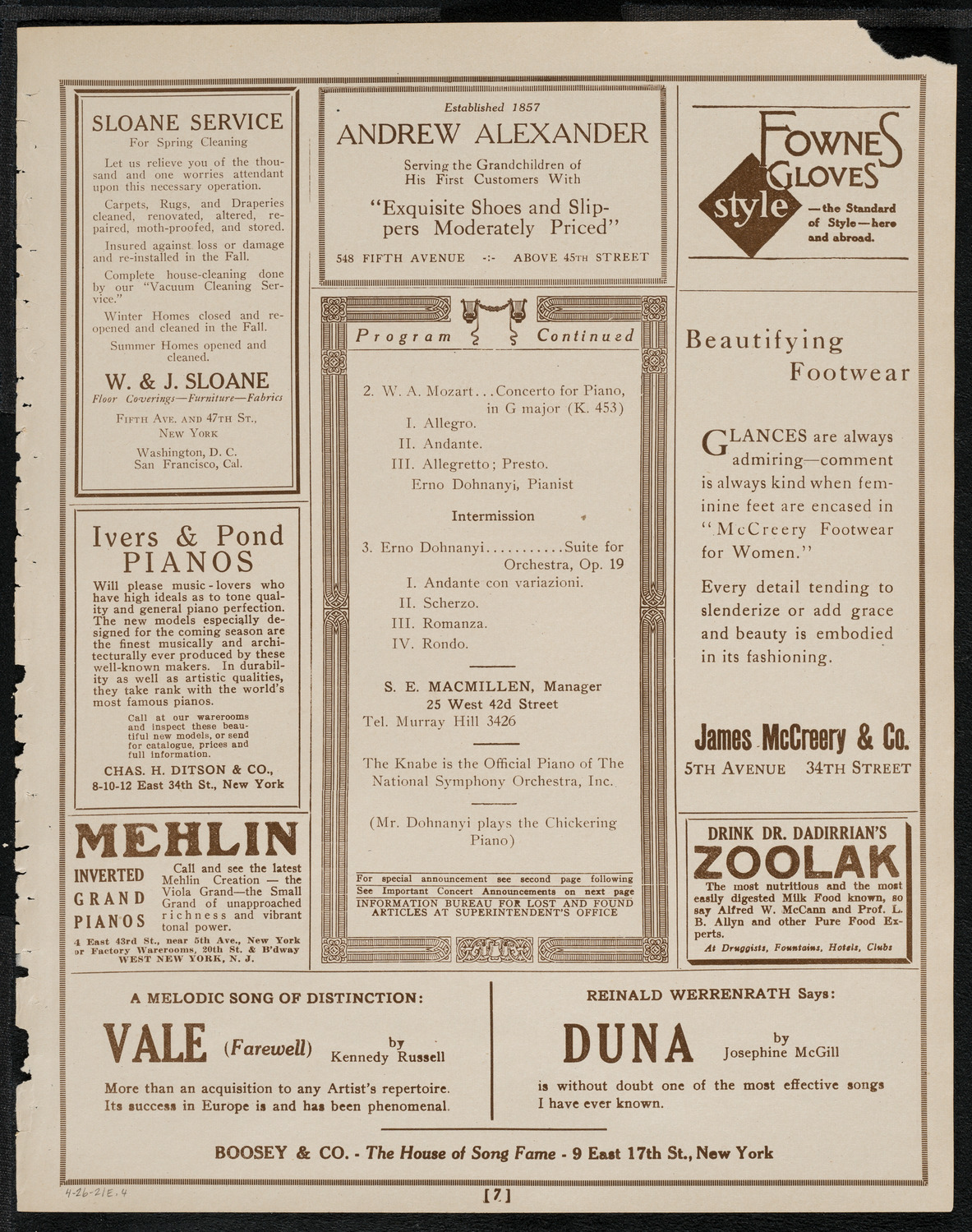 National Symphony Orchestra, April 26, 1921, program page 7