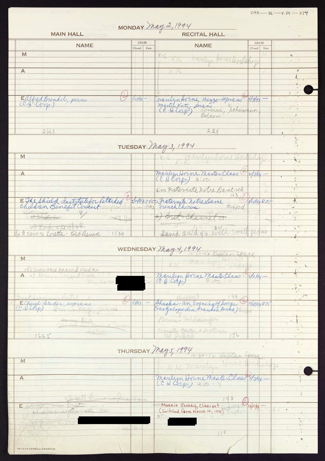 Carnegie Hall Booking Ledger, volume 39, page 74