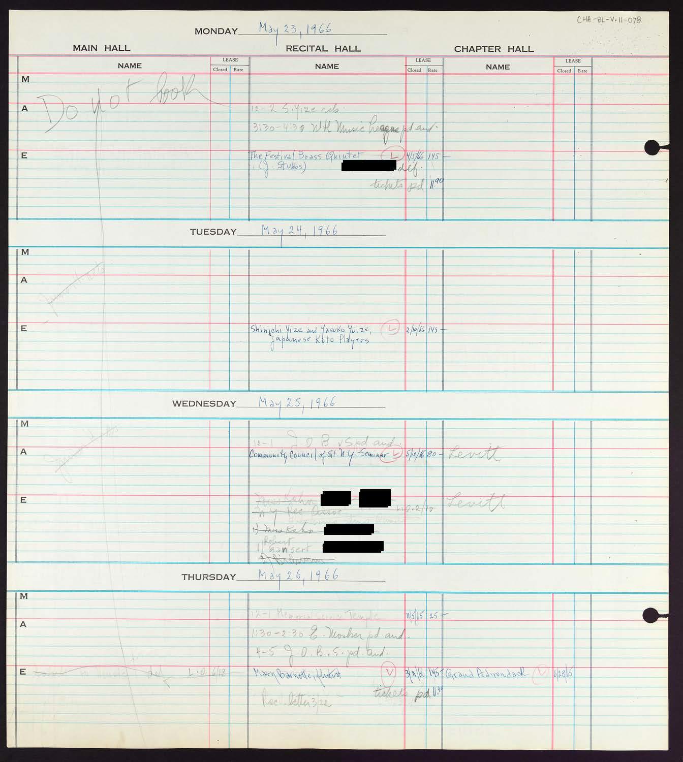 Carnegie Hall Booking Ledger, volume 11, page 78