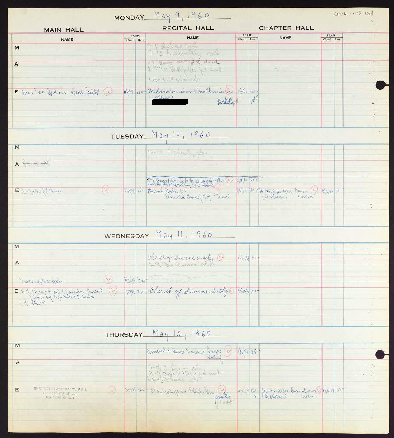 Carnegie Hall Booking Ledger, volume 5, page 68