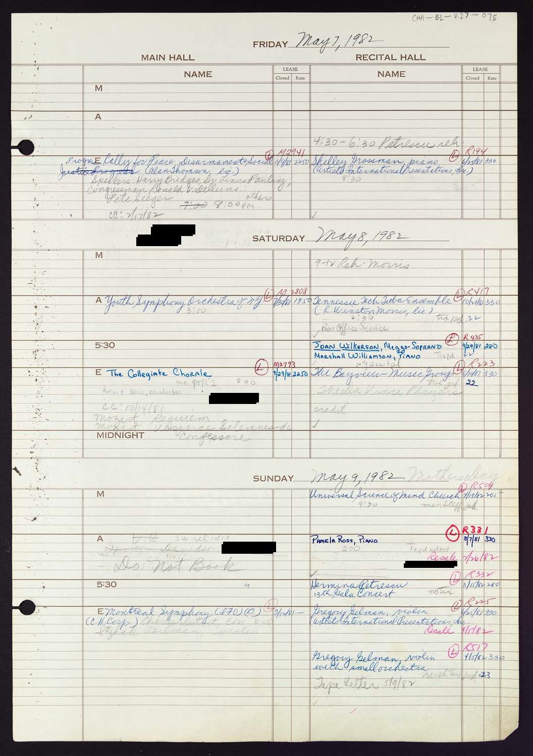 Carnegie Hall Booking Ledger, volume 27, page 75