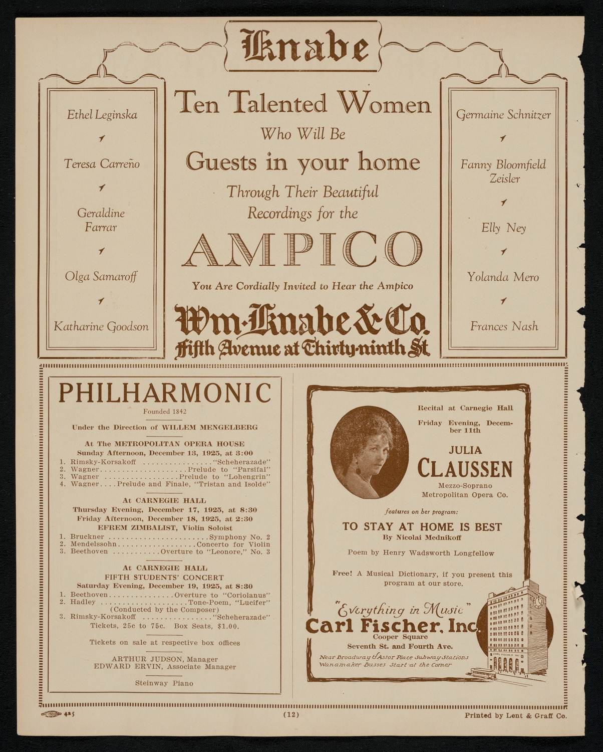 Julia Claussen, Mezzo-Soprano, December 11, 1925, program page 12