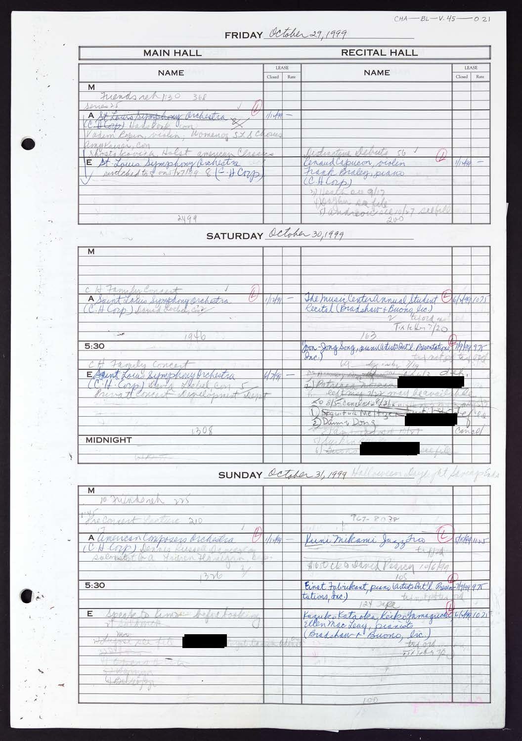 Carnegie Hall Booking Ledger, volume 45, page 21