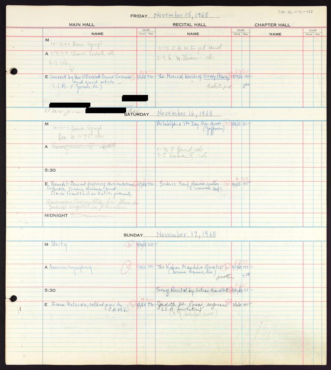 Carnegie Hall Booking Ledger, volume 14, page 23