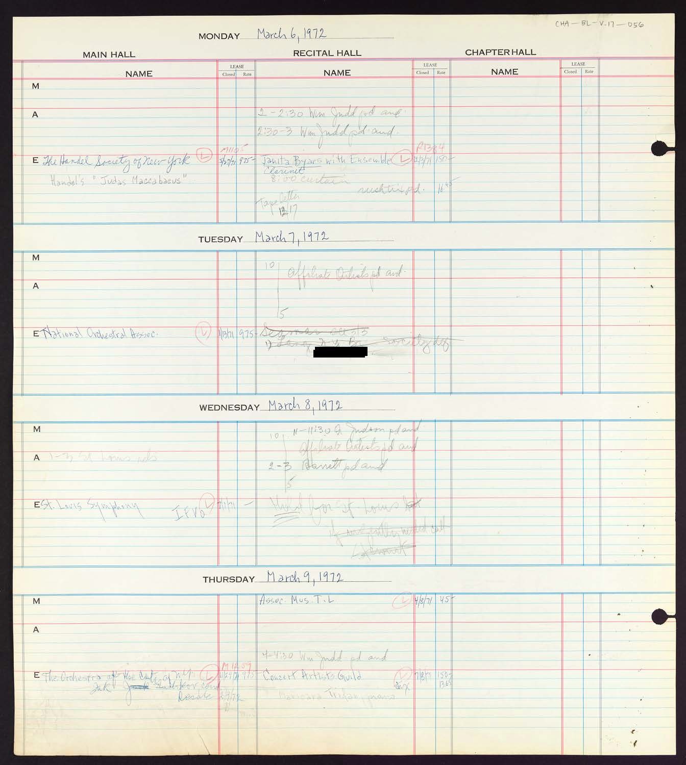 Carnegie Hall Booking Ledger, volume 17, page 56