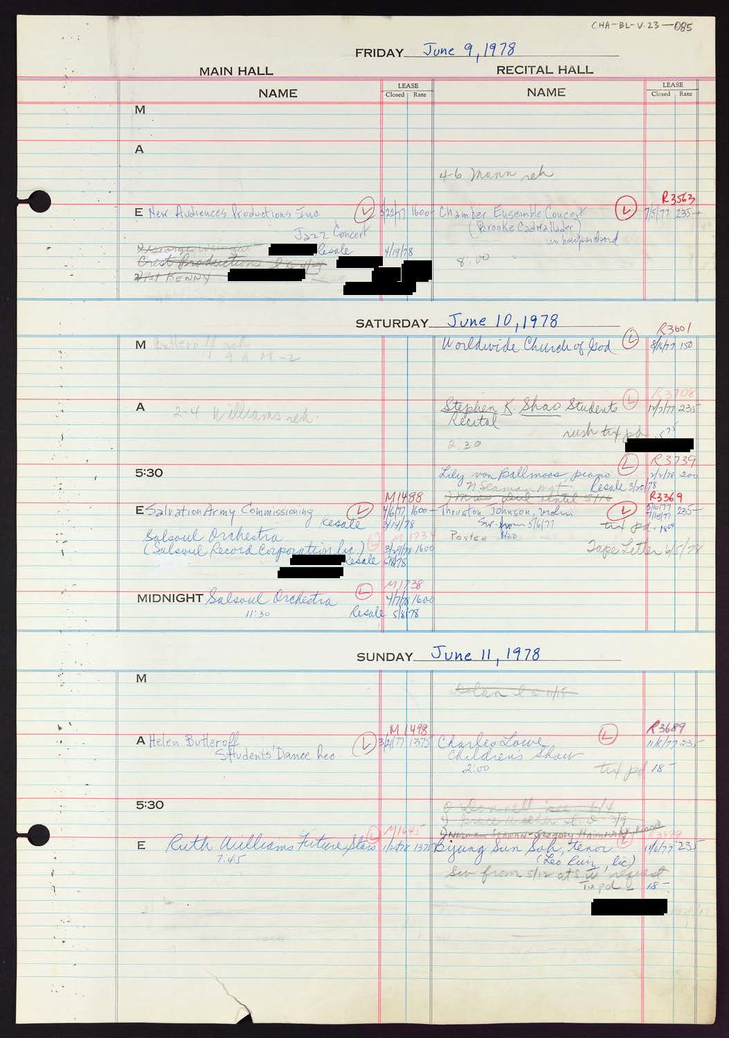 Carnegie Hall Booking Ledger, volume 23, page 85