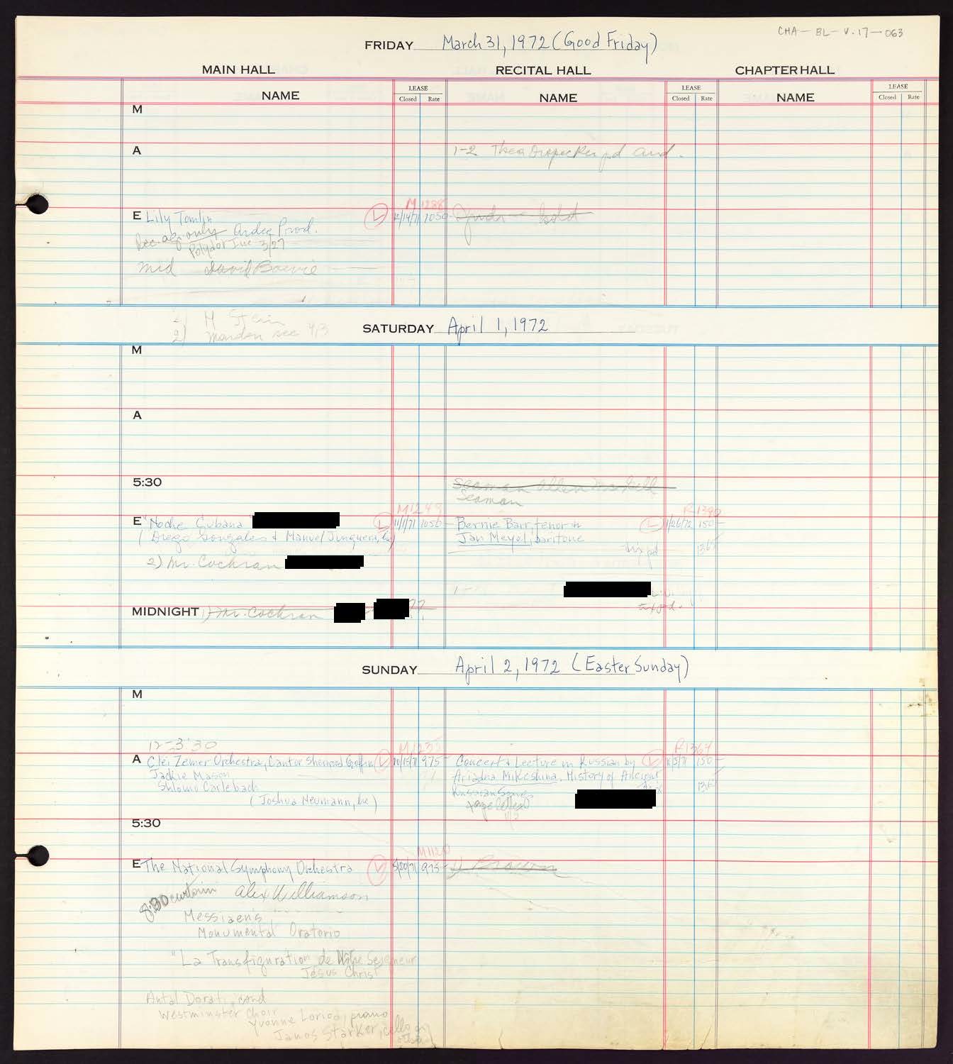 Carnegie Hall Booking Ledger, volume 17, page 63