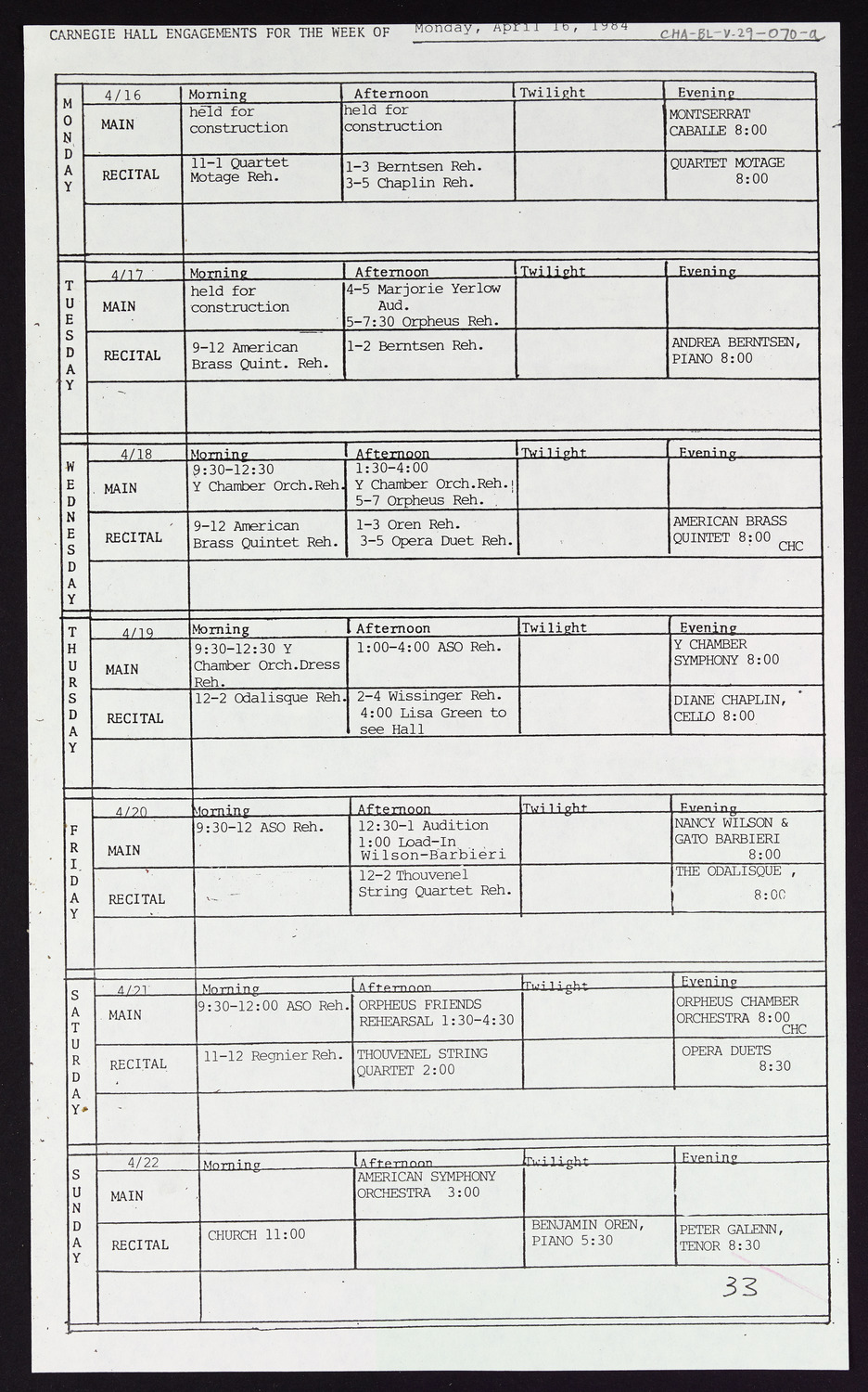 Carnegie Hall Booking Ledger, volume 29, page 70a