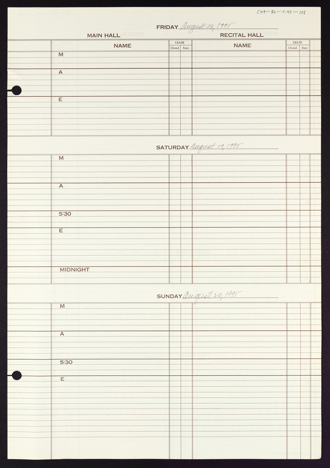 Carnegie Hall Booking Ledger, volume 40, page 105